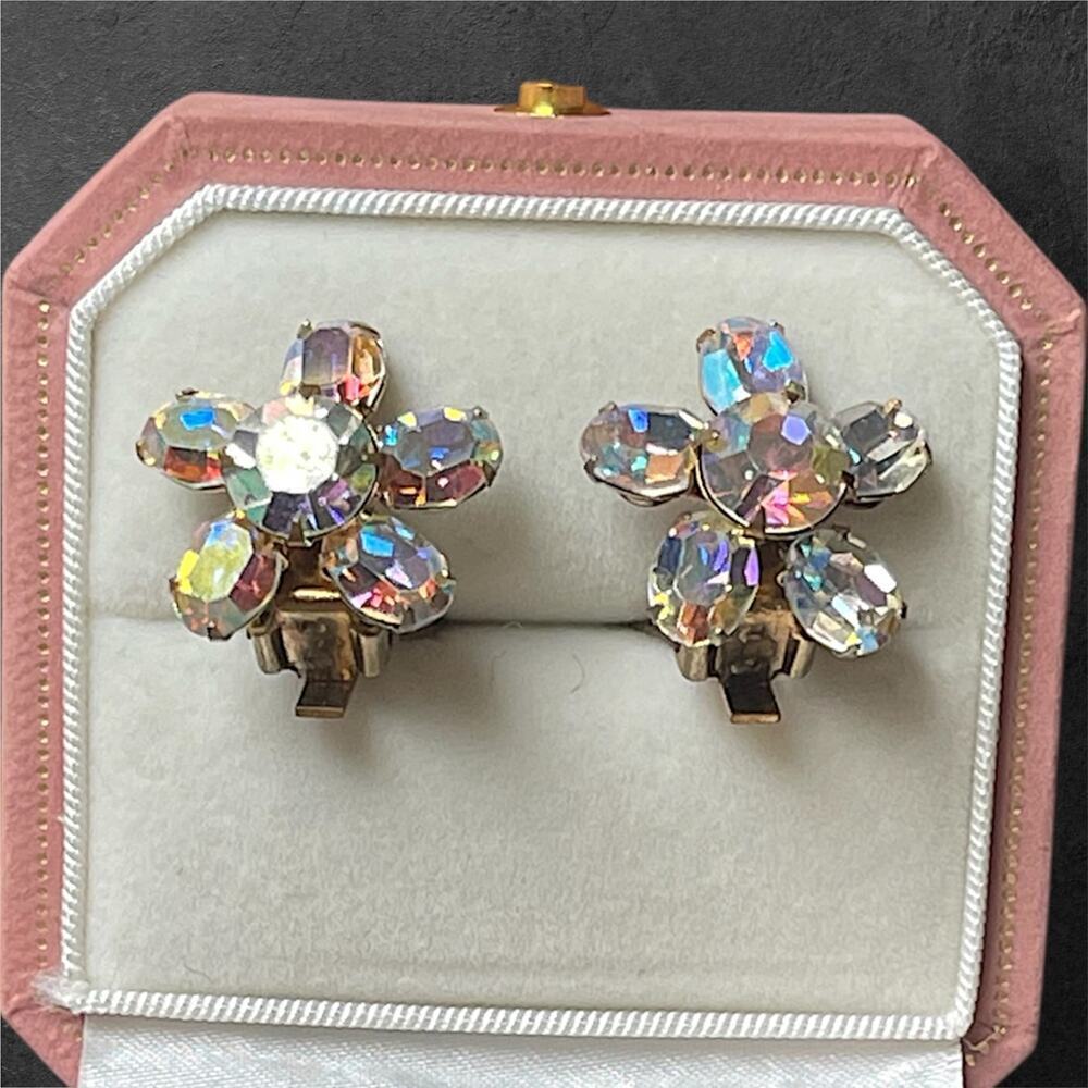 Vintage Weiss Flower Earrings Prong Set AB Crystal Clip On Aurora Borealis - Picture 9 of 13